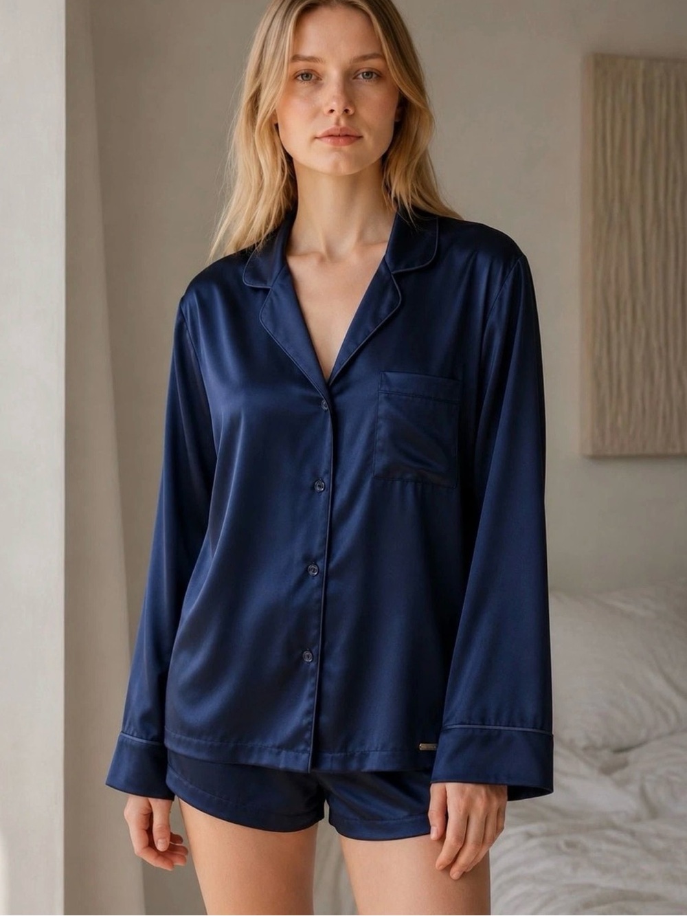 Women's Navy Satin Button-Front Pajama Top & Shorts Set